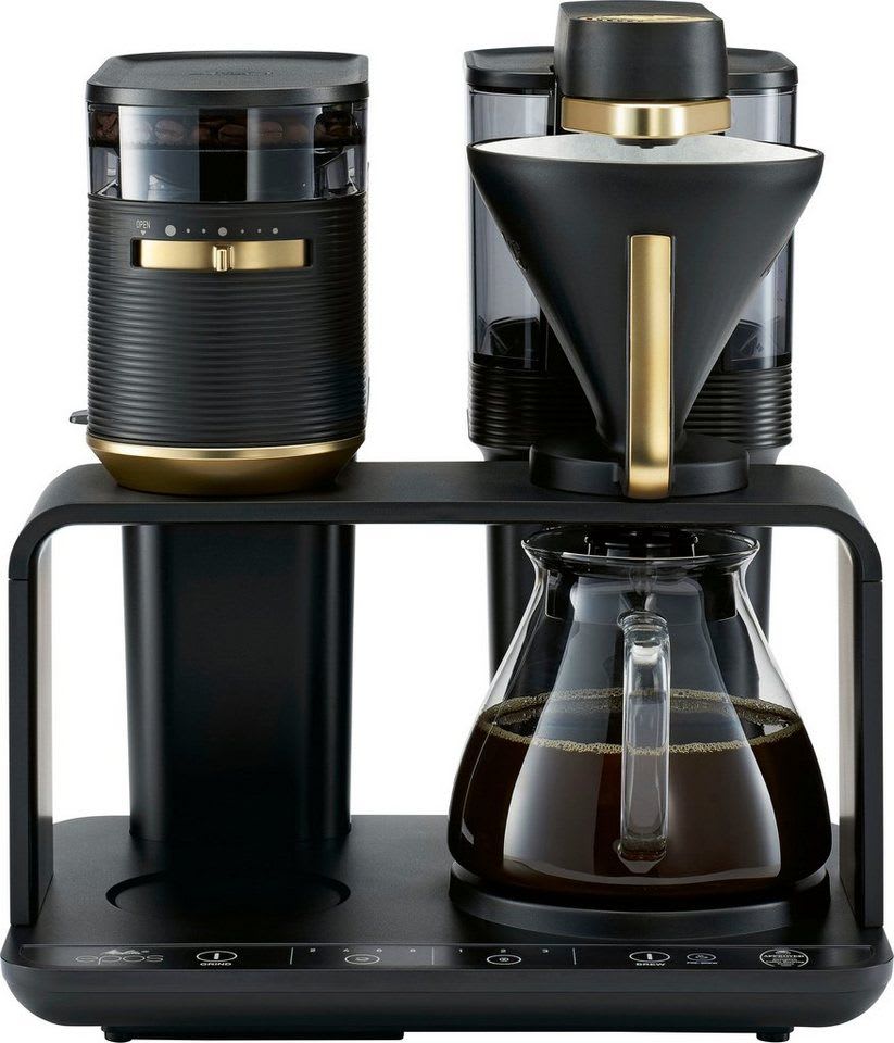 Melitta Kaffeemaschine mit Mahlwerk 1024-02, 1l Kaffeekanne, Papierfilter 1x4, Schwarz/Gold, 360°rotierender Wasserauslauf