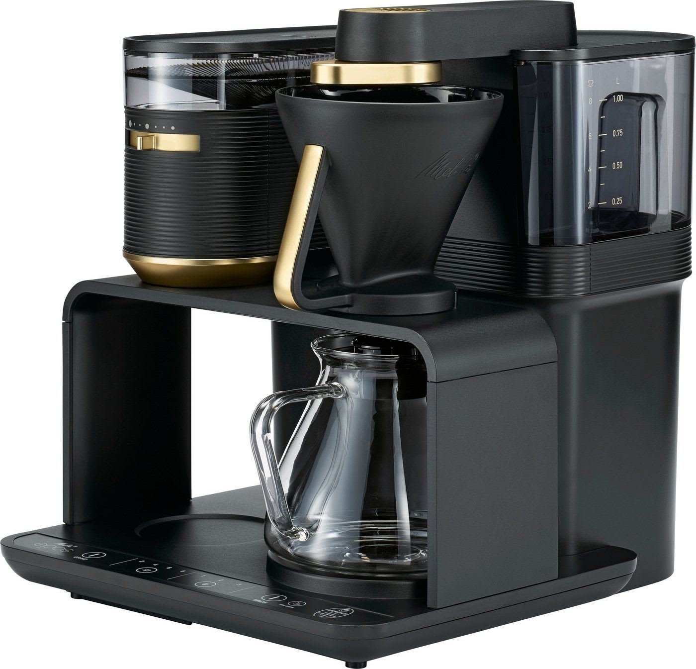 Melitta Kaffeemaschine mit Mahlwerk 1024-02, 1l Kaffeekanne, Papierfilter 1x4, Schwarz/Gold, 360°rotierender Wasserauslauf