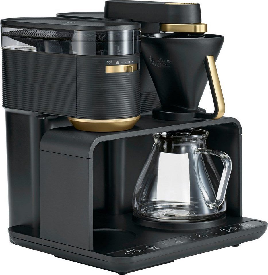 Melitta Kaffeemaschine mit Mahlwerk 1024-02, 1l Kaffeekanne, Papierfilter 1x4, Schwarz/Gold, 360°rotierender Wasserauslauf