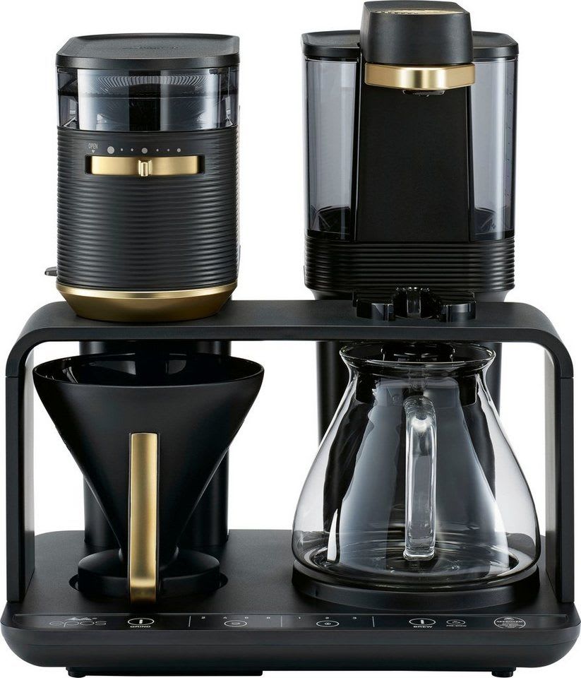 Melitta Kaffeemaschine mit Mahlwerk 1024-02, 1l Kaffeekanne, Papierfilter 1x4, Schwarz/Gold, 360°rotierender Wasserauslauf