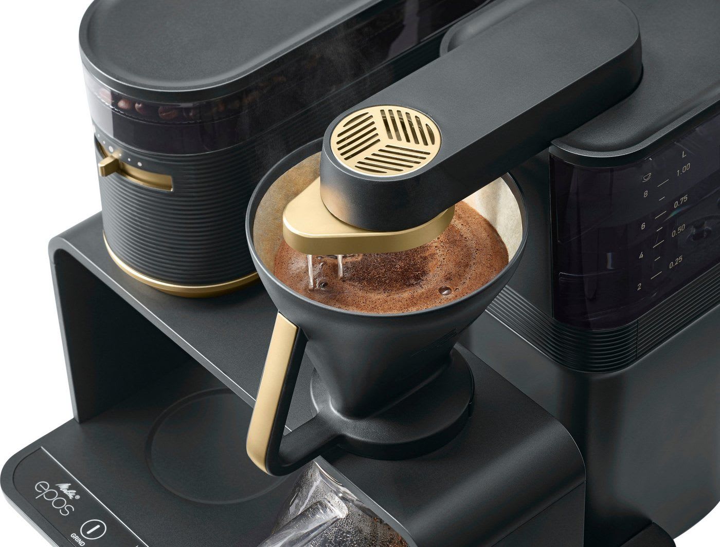 Melitta Kaffeemaschine mit Mahlwerk 1024-02, 1l Kaffeekanne, Papierfilter 1x4, Schwarz/Gold, 360°rotierender Wasserauslauf