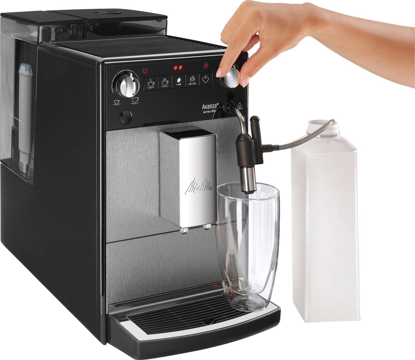 Melitta Kaffeevollautomat Avanza® F270-100 Mystic Titan, Kompakt, aber XL Wassertank & XL Bohnenbehälter, Milchschaum-System silberfarben