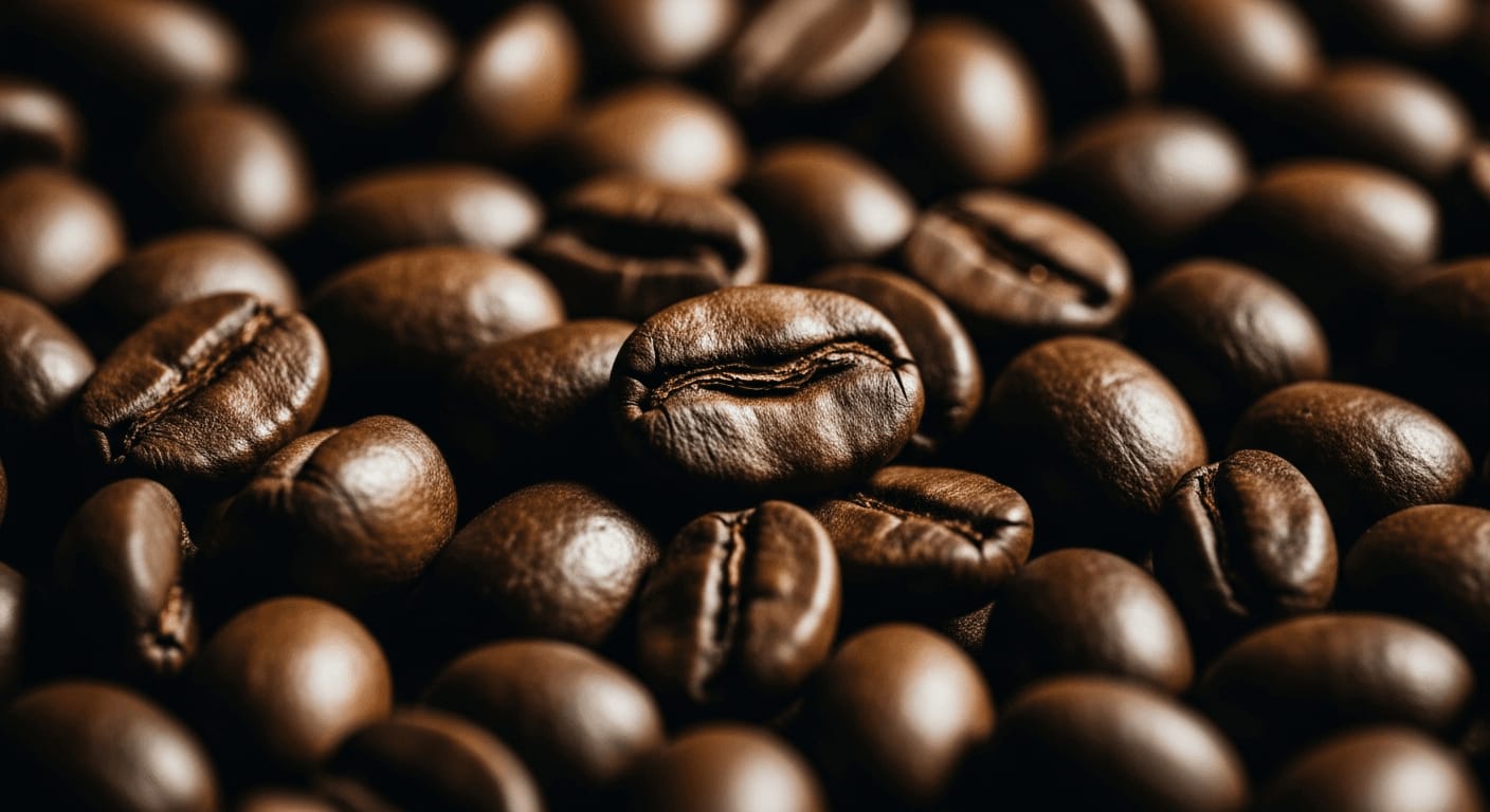Close-up of Menengic coffee beans, focus on texture and color, macro lens, dark background
