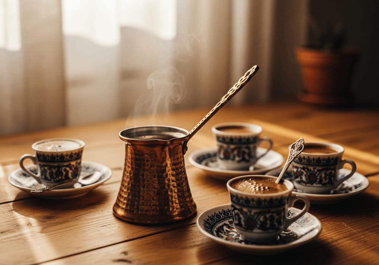 Traditional Turkish coffee set with cezve and small cups, rustic wooden table, soft natural light