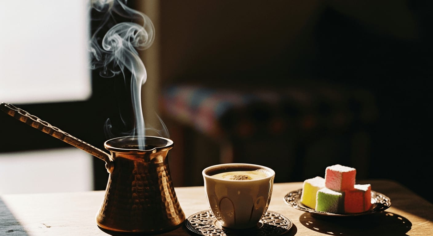 Menengic Kaffee in Cezve, Dampf, Tasse, Türkischer Honig, Sonnenlicht.