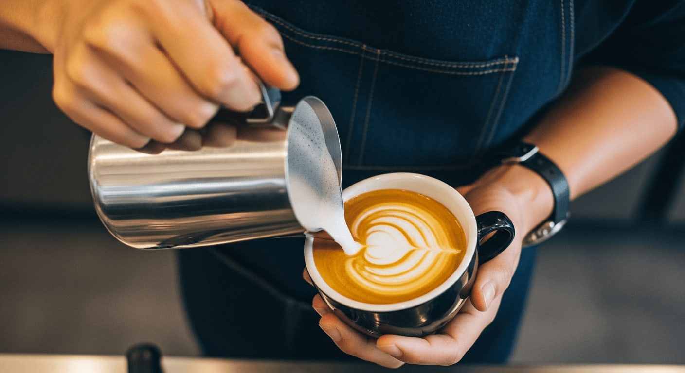 Draufsicht eines Barista, der aufmerksam Milch aus einem Edelstahlkännchen in eine Espressotasse gießt, um ein Herz-Latte-Art-Design zu kreieren
