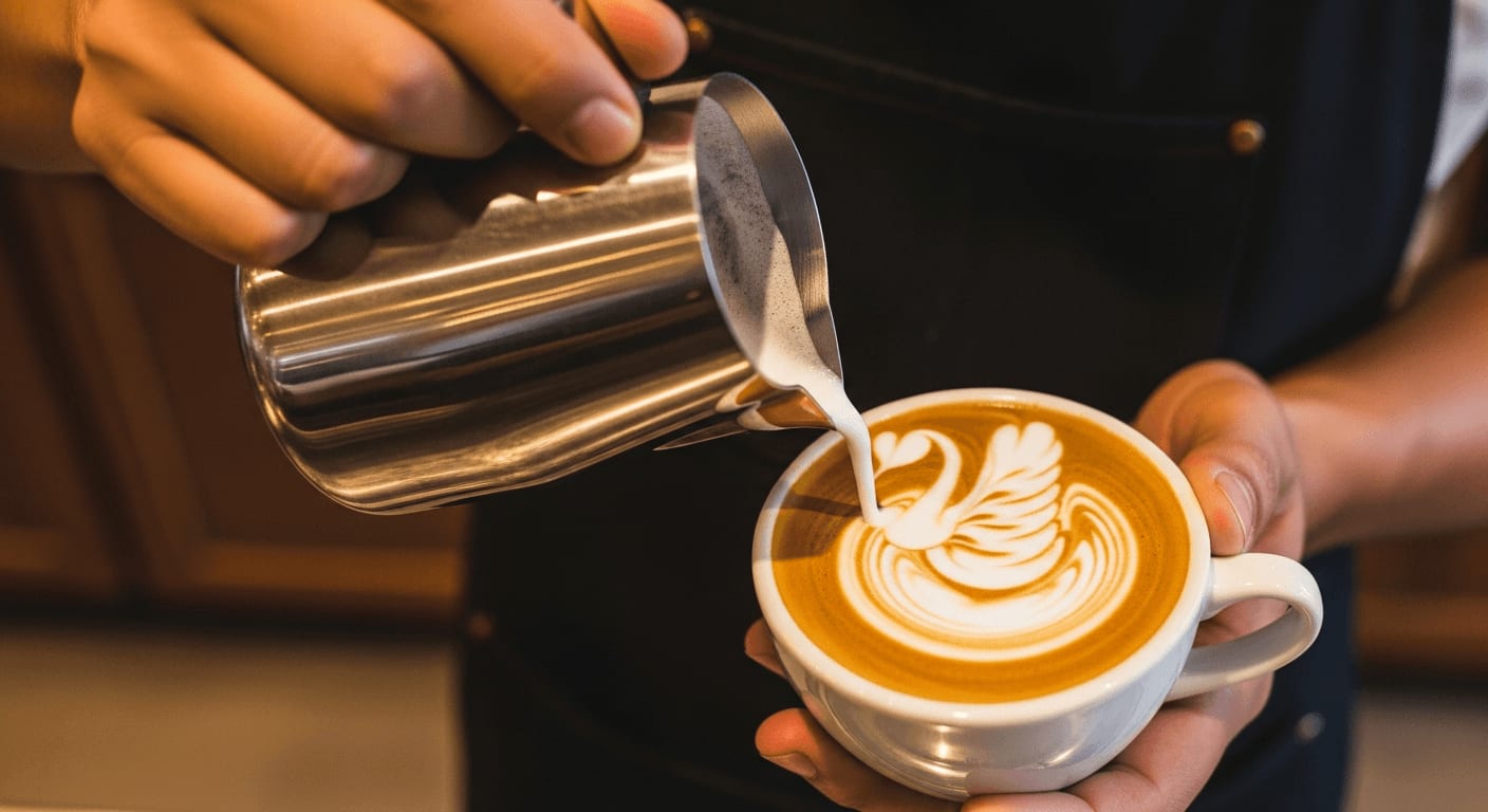 Draufsicht eines Barista, der aufmerksam Milch aus einem Edelstahlkännchen in eine Espressotasse gießt, um ein Schwan-Latte-Art-Design zu kreieren, warmes Licht