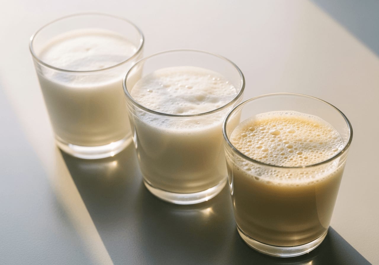 Comparison of different milk types (cow, oat, soy) in clear glasses, showing varying foam quality, studio lighting