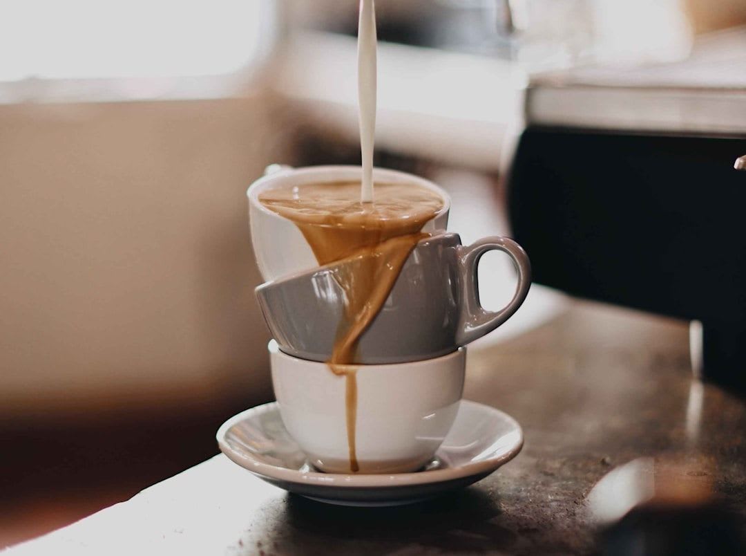 Kuhmilch, Hafermilch und Mandelmilch als Optionen für perfekten Milchschaum aus dem Thermomix auf einer Küchenzeile. | Foto: tabitha turner