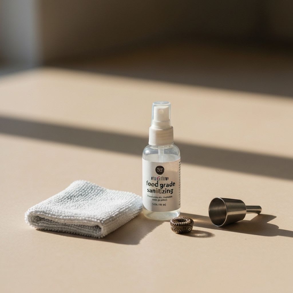 Sauberes Mikrofasertuch und Desinfektionsspray neben zerlegter Milchaufschäumerdüse, wichtig für die wöchentliche Hygiene des Milchsystems.