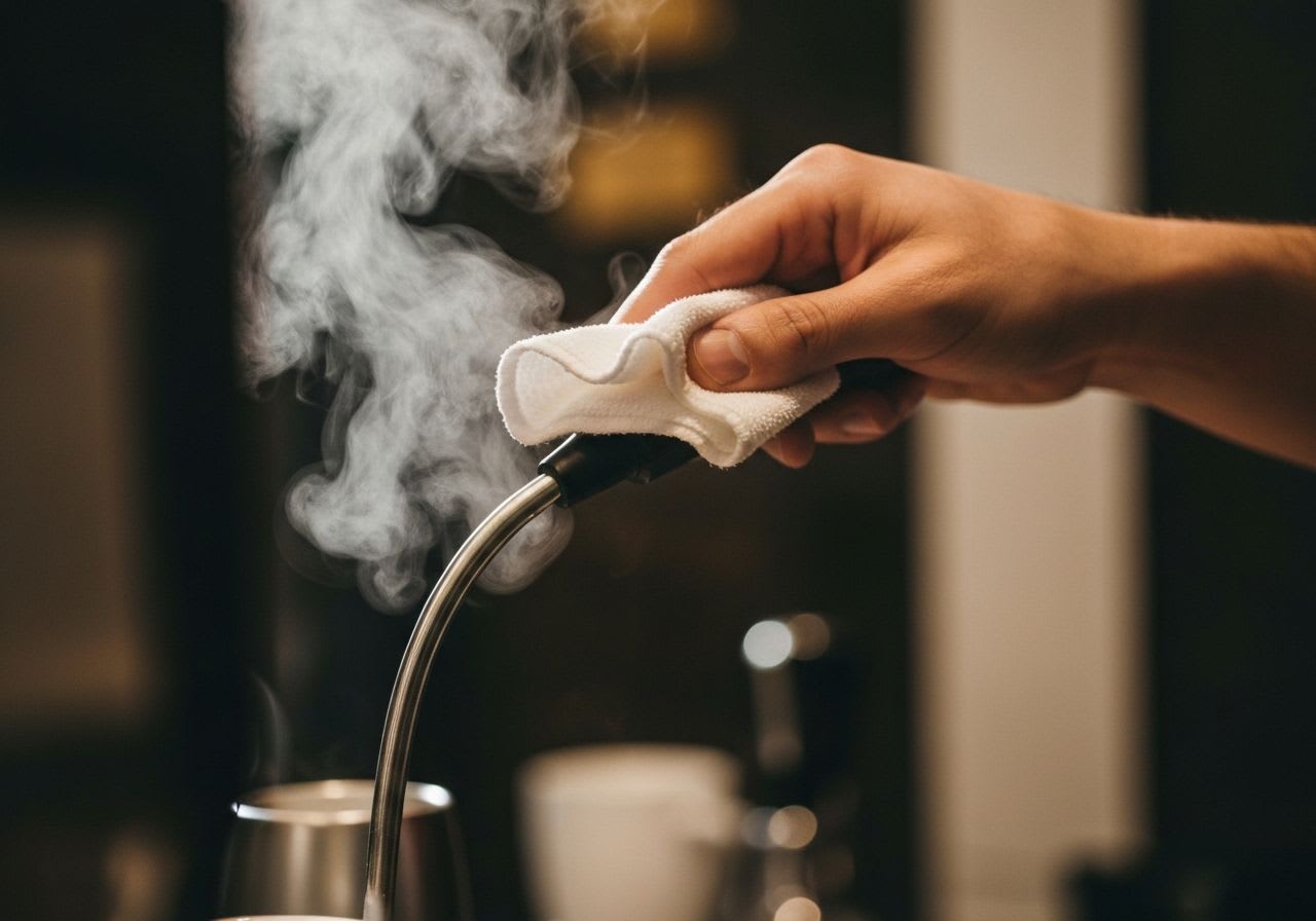 Barista wischt Dampflanze des Milchsystems nach dem Aufschäumen mit feuchtem Tuch ab, um Milchreste zu entfernen und die Hygiene zu sichern.