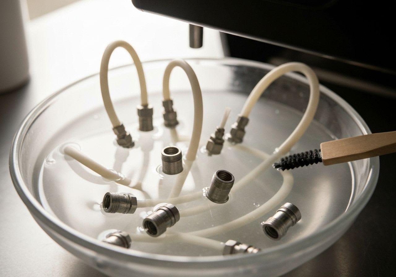 Zerlegte Milchsystem-Komponenten (Schläuche, Düsen) in Reinigerlösung zur wöchentlichen Reinigung, essentiell für Hygiene und perfekten Milchschaum.