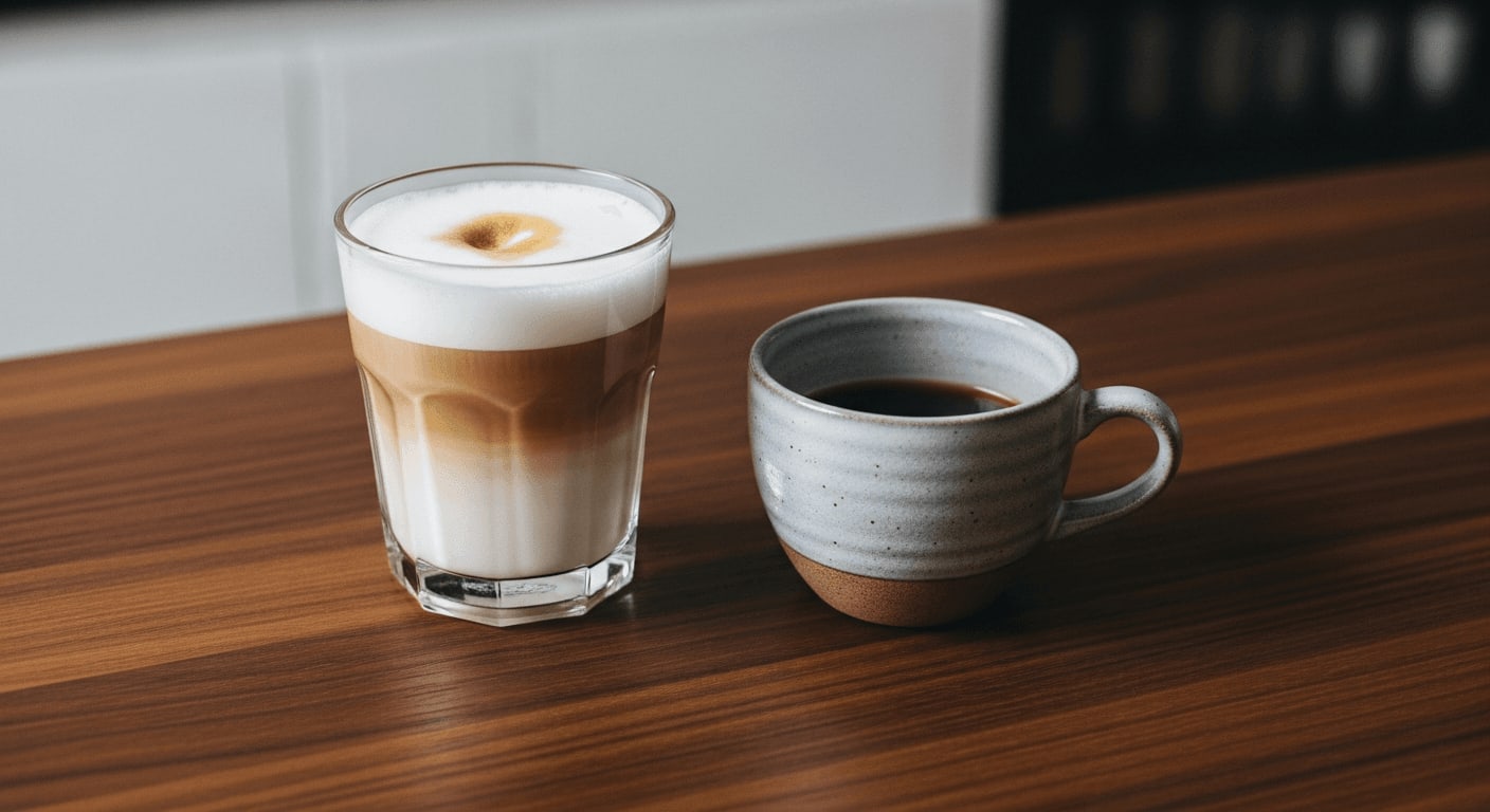 Ein Latte Macchiato neben einem puren Espresso auf dunklem Nussholz zeigt den Kontrast der Mischverhältnisse im Kaffee.