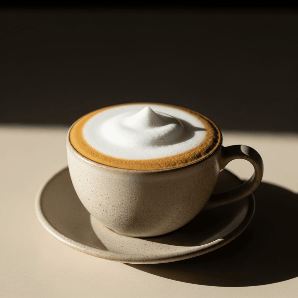 Ein klassischer Cappuccino in einer Keramiktasse mit perfektem Mischverhältnis aus Espresso und cremigem Milchschaum.