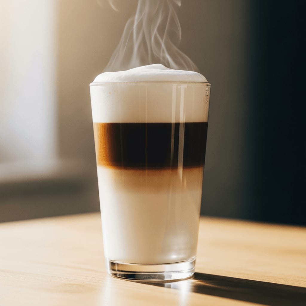 Latte Macchiato im hohen Glas mit drei klaren Schichten aus Milch, Espresso und Schaum als klassisches Kaffee-Rezept.