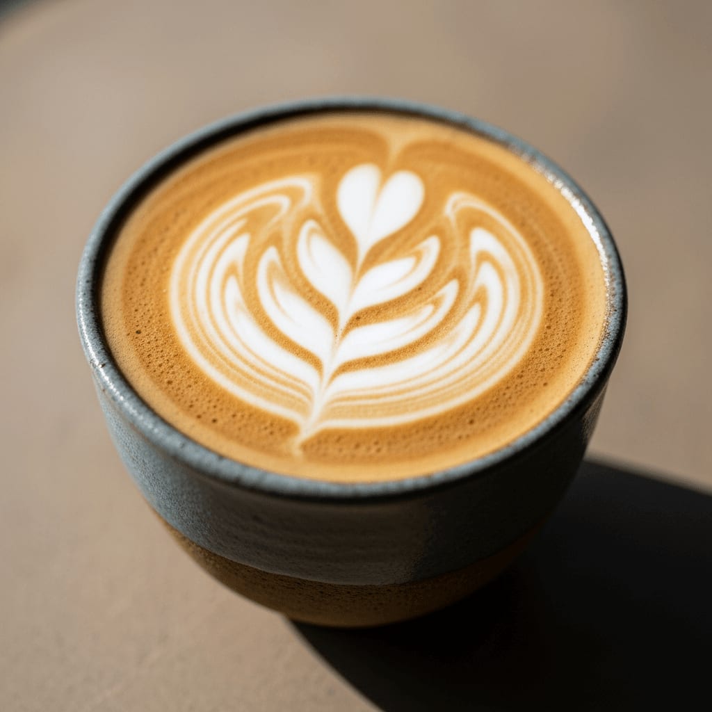 Ein Flat White mit feinem Mikroschaum und Latte Art zeigt das kräftigere Kaffee-Mischverhältnis gegenüber dem Cappuccino.