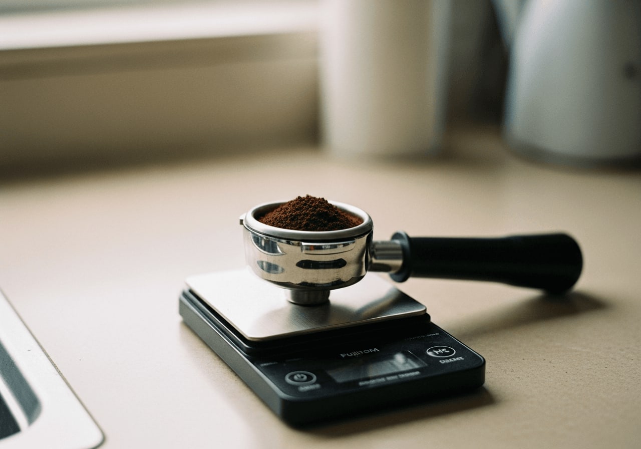 Ein gefüllter Espresso-Siebträger auf einer digitalen Kaffeewaage für das grammgenaue Mischverhältnis des Kaffeemehls.