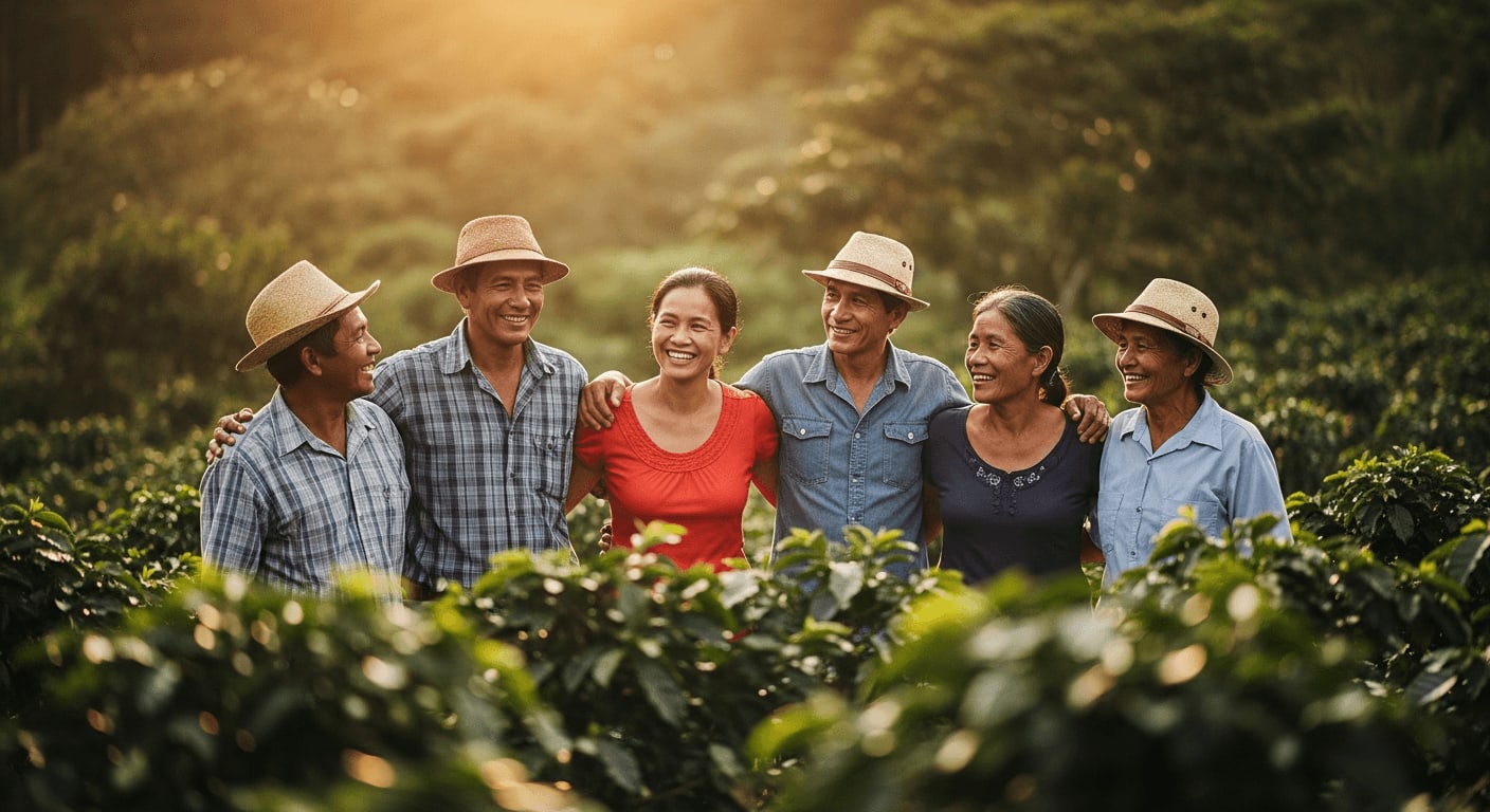 Weitaufnahme einer Kaffeebauernfamilie, die gemeinsam auf ihrer nachhaltigen Kaffeefarm arbeitet, Lächeln, warmes Sonnenlicht, natürliche Umgebung, 4k Auflösung