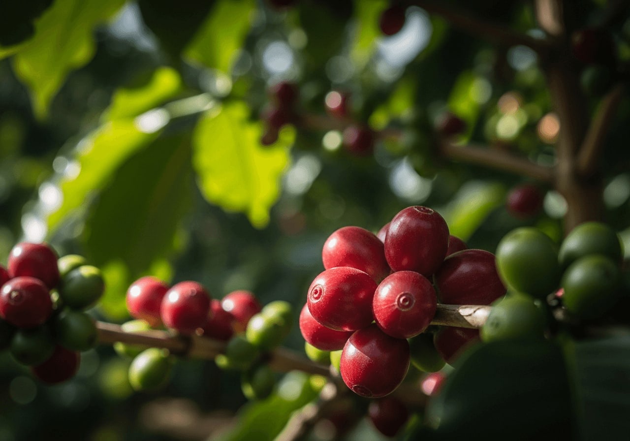 Nahaufnahme von Kaffeekirschen, die inmitten von Schattenbäumen in einem Agroforstsystem wachsen, leuchtend grünes Laub, geflecktes Sonnenlicht