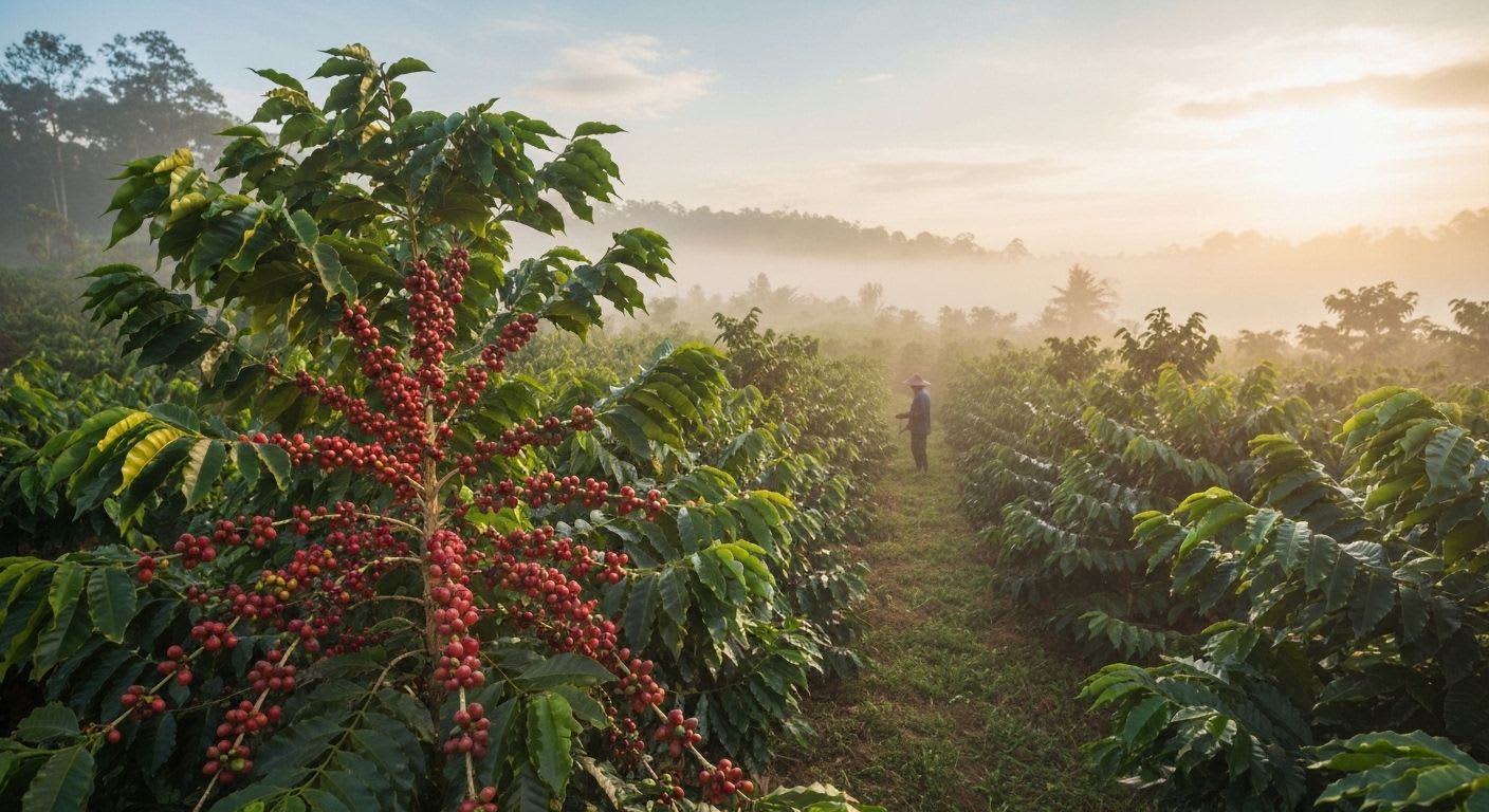 Weitwinkelaufnahme einer üppigen Kaffeeplantage bei Sonnenaufgang mit reifenden Kaffeekirschen und einem Farmer in der Ferne, betont die Arbeit für nachhaltigen Kaffeegenuss.