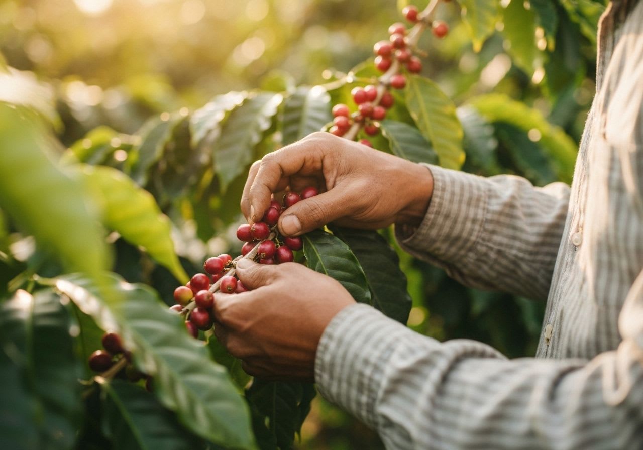 Nahaufnahme der Hände eines Kaffeebauern beim Ernten reifer Kaffeekirschen, symbolisiert die harte Arbeit und fairen Preise für nachhaltigen Kaffeegenuss.
