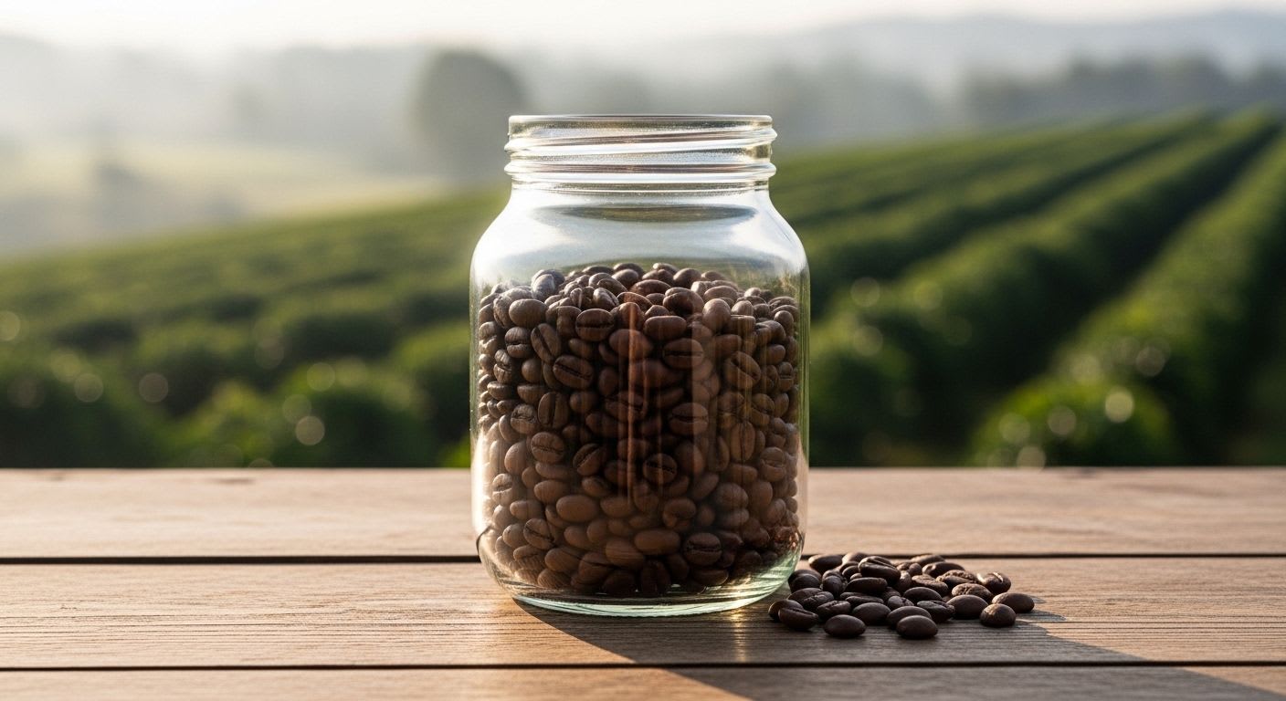 Transparentes Glasgefäß mit gerösteten Kaffeebohnen auf rustikalem Holztisch, im Hintergrund eine Kaffeeplantage, betont Transparenz für nachhaltigen Kaffeegenuss.
