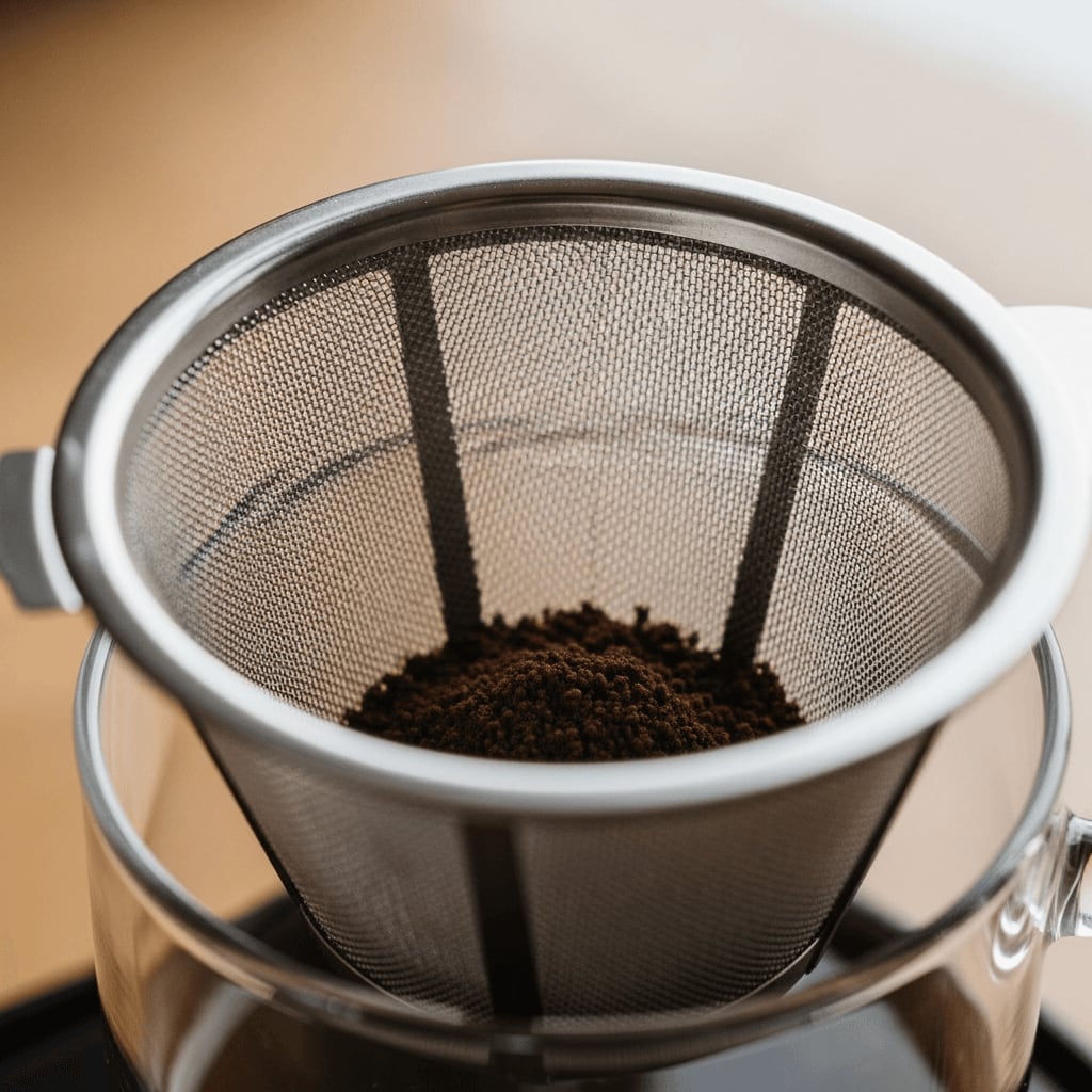 Nahaufnahme eines wiederverwendbaren Kaffeefilters aus Edelstahl, der sein feines Netz zeigt, mit Kaffeepulver im Inneren, natürliches Licht.