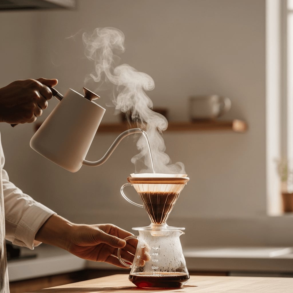 Hände gießen heißes Wasser durch einen Stoffkaffeefilter in einen Glasbehälter, mit aufsteigendem Dampf, minimalistischer Küchenhintergrund.