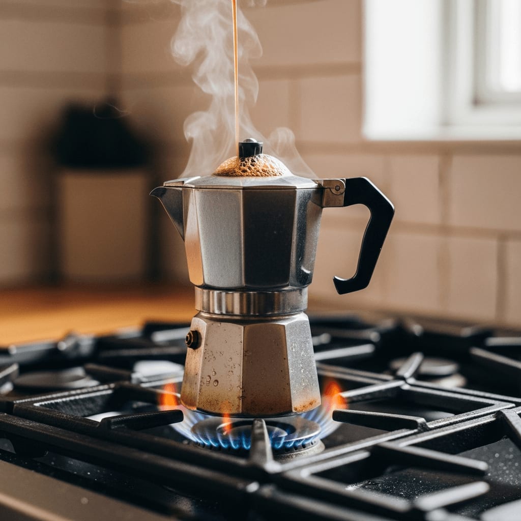 Eine Moka-Kanne auf einem Gasherd, mit Kaffee, der brüht, Aufnahme auf Augenhöhe, warme Küchenbeleuchtung.
