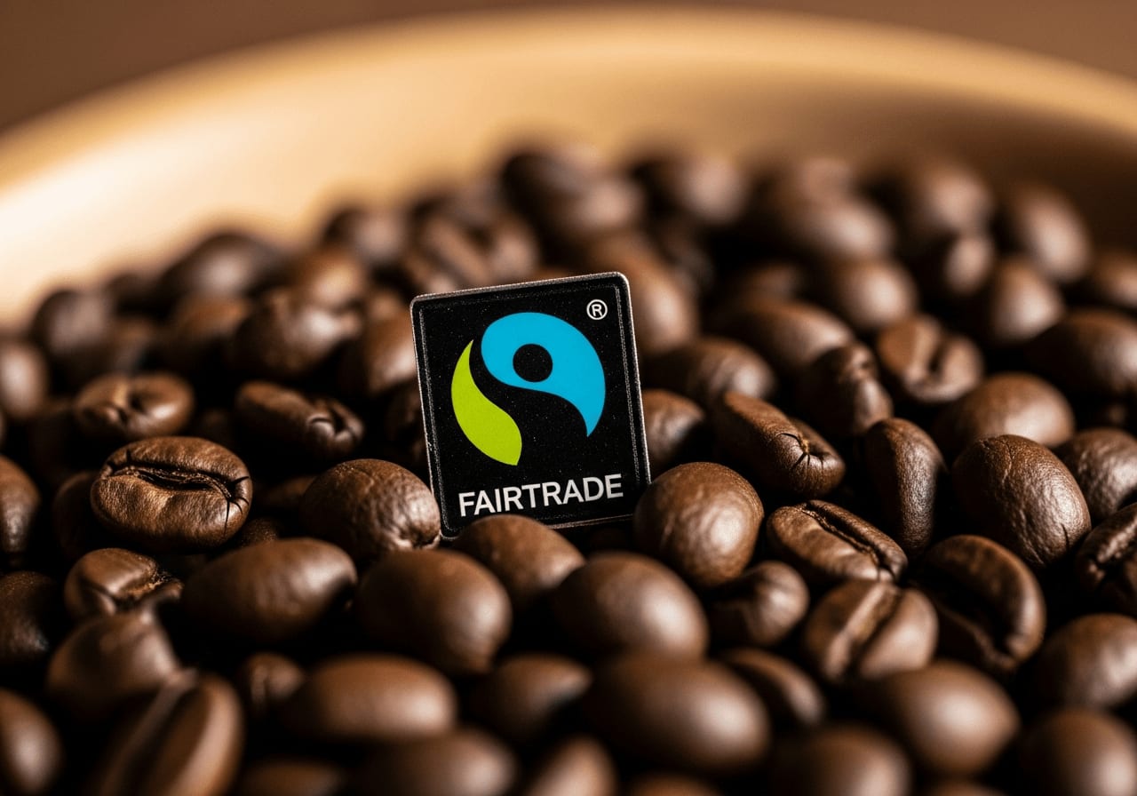 Nahaufnahme von Kaffeebohnen mit einem Fairtrade-Zertifizierungslabel, warme Beleuchtung, geringe Schärfentiefe.