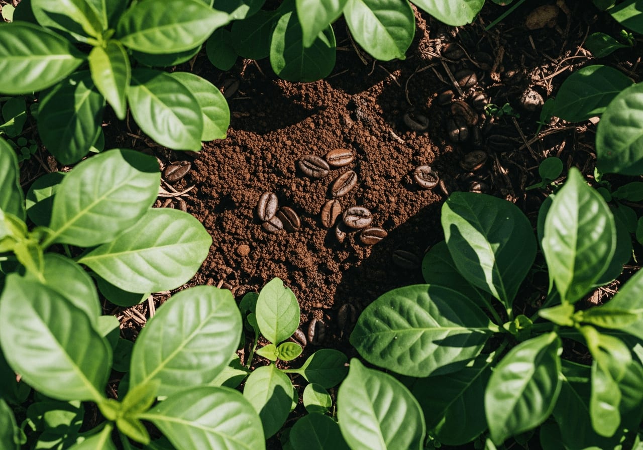Aufsicht auf gebrauchten Kaffeesatz, der als Dünger in einem Garten verwendet wird, mit leuchtend grünen Pflanzen, die den Kaffeesatz umgeben, natürliches Sonnenlicht.