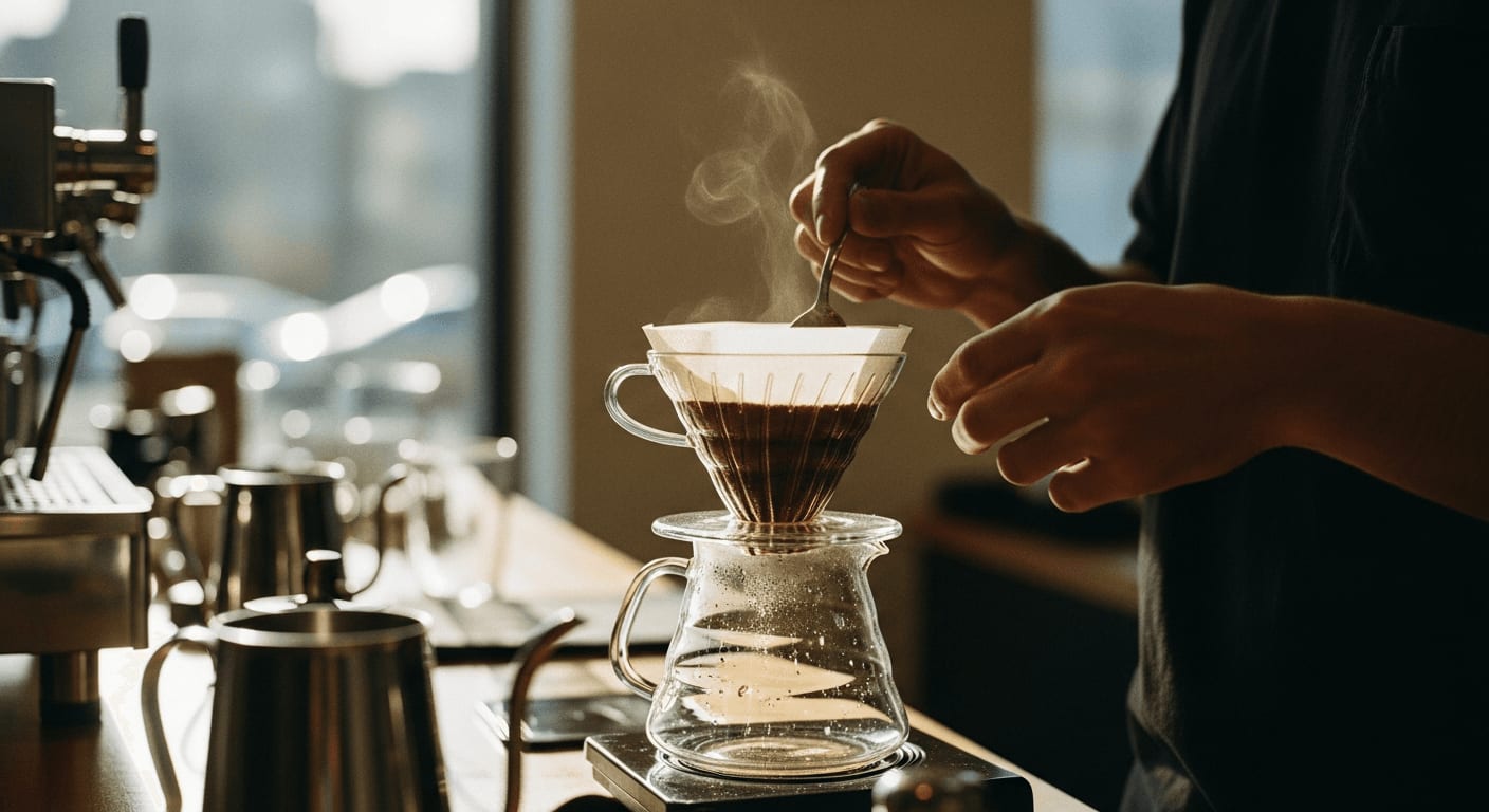 Ein Barista bereitet in einem sonnigen Café Kaffee mit nachhaltiger Ausrüstung zu, Fokus auf den wiederverwendbaren Kaffeefilter