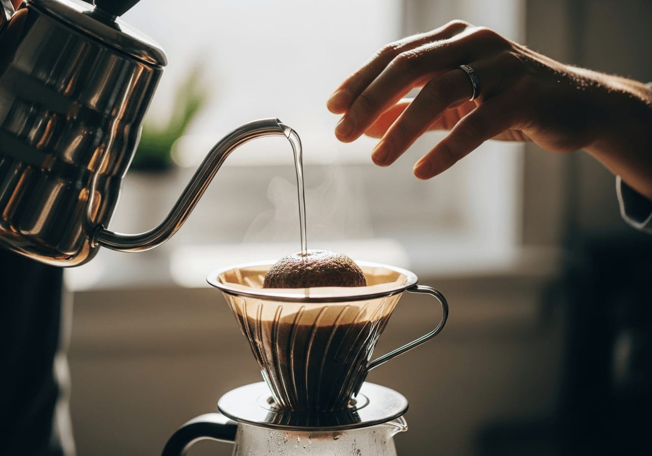Nahaufnahme einer Hand, die heißes Wasser in einen wiederverwendbaren Kaffeefilter aus Edelstahl mit Kaffeepulver gießt, darunter eine Glaskaraffe