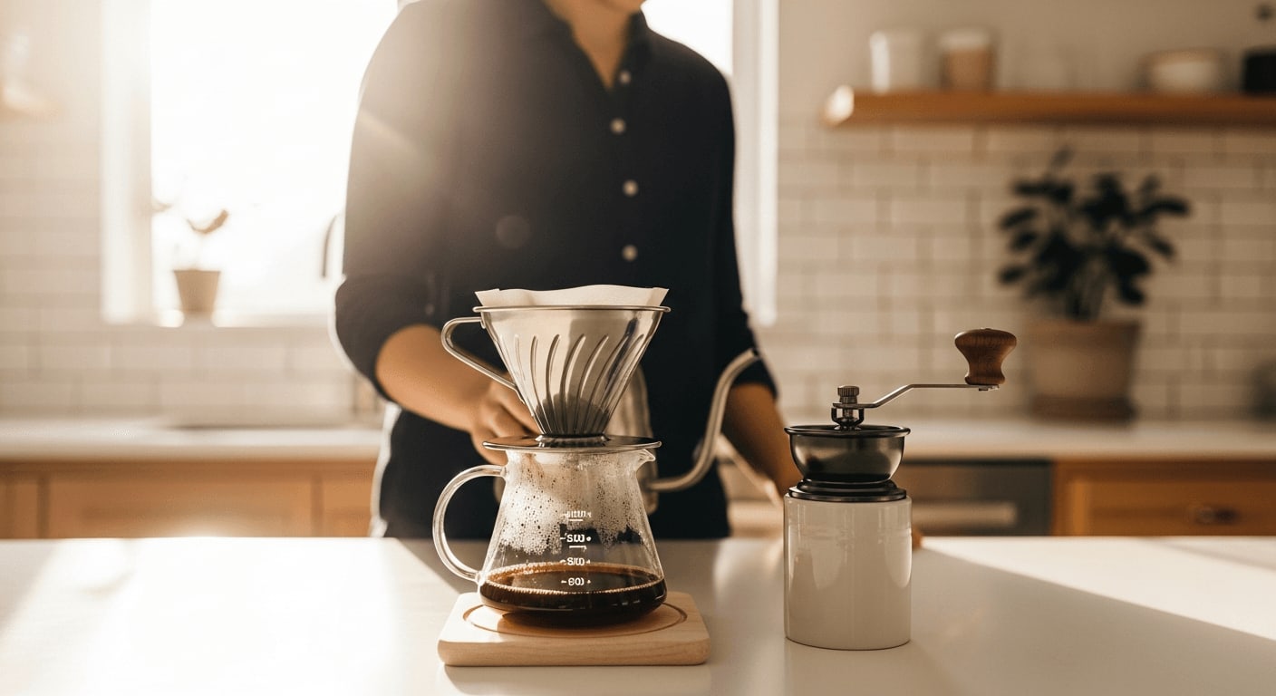 Eine helle, minimalistische Küchenszene mit einer Person, die Kaffee mit nachhaltiger Ausrüstung brüht: ein Edelstahl-Pour-Over, eine Keramik-Handmühle und ein Glas-Server, Morgenlicht