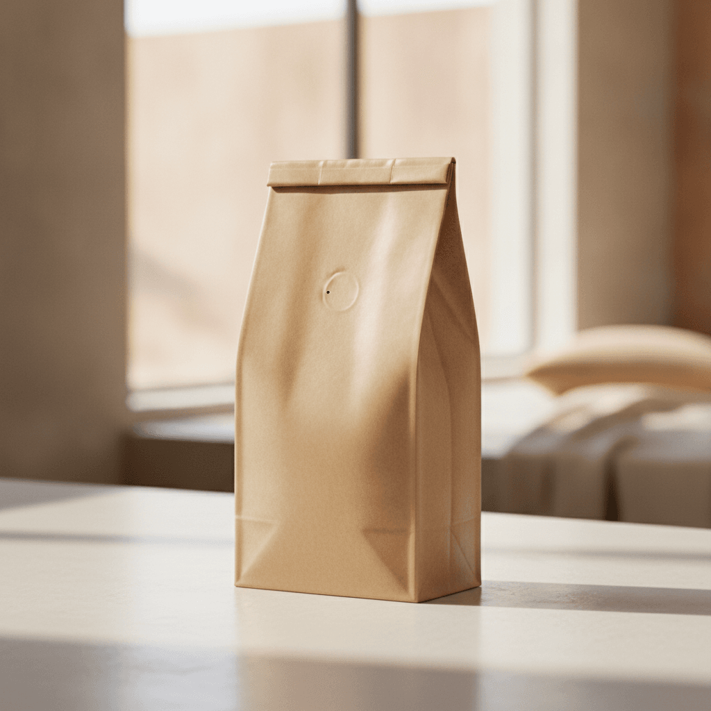 Eine recycelbare Kaffeeverpackung aus Papier als Beispiel für mehr Nachhaltigkeit im Kaffee und die Reduzierung von Müll.