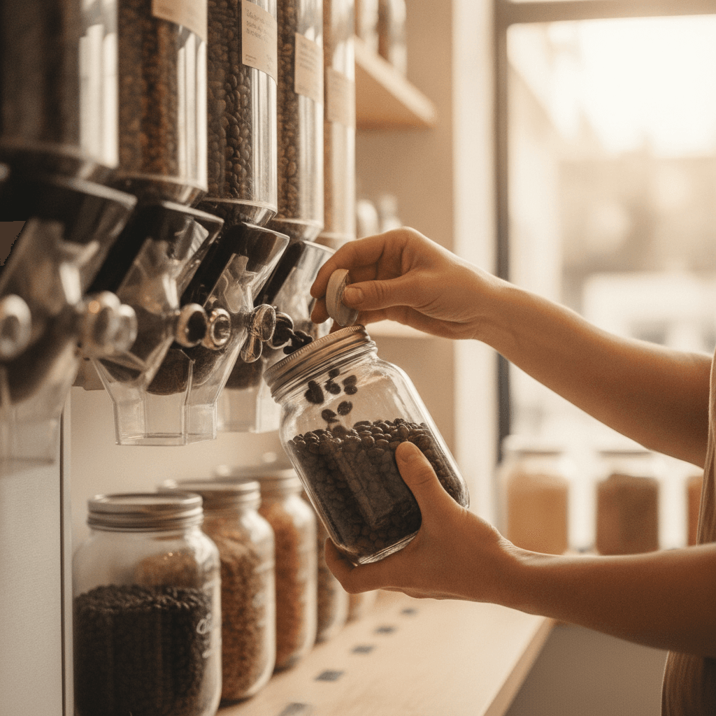 Hände füllen Kaffeebohnen in ein Mehrwegglas, um Verpackungsmüll zu vermeiden und die Nachhaltigkeit im Kaffee zu fördern.