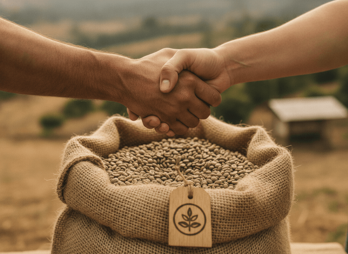 Ein Handschlag zwischen Kaffeebauer und Röster als Symbol für Fair Trade und Direct Trade zur Förderung der Nachhaltigkeit im Kaffee.