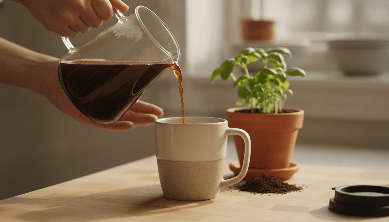 Eine Person füllt Kaffee in einen Mehrwegbecher, ein praktischer Tipp für mehr Nachhaltigkeit im Kaffee-Alltag zu Hause.