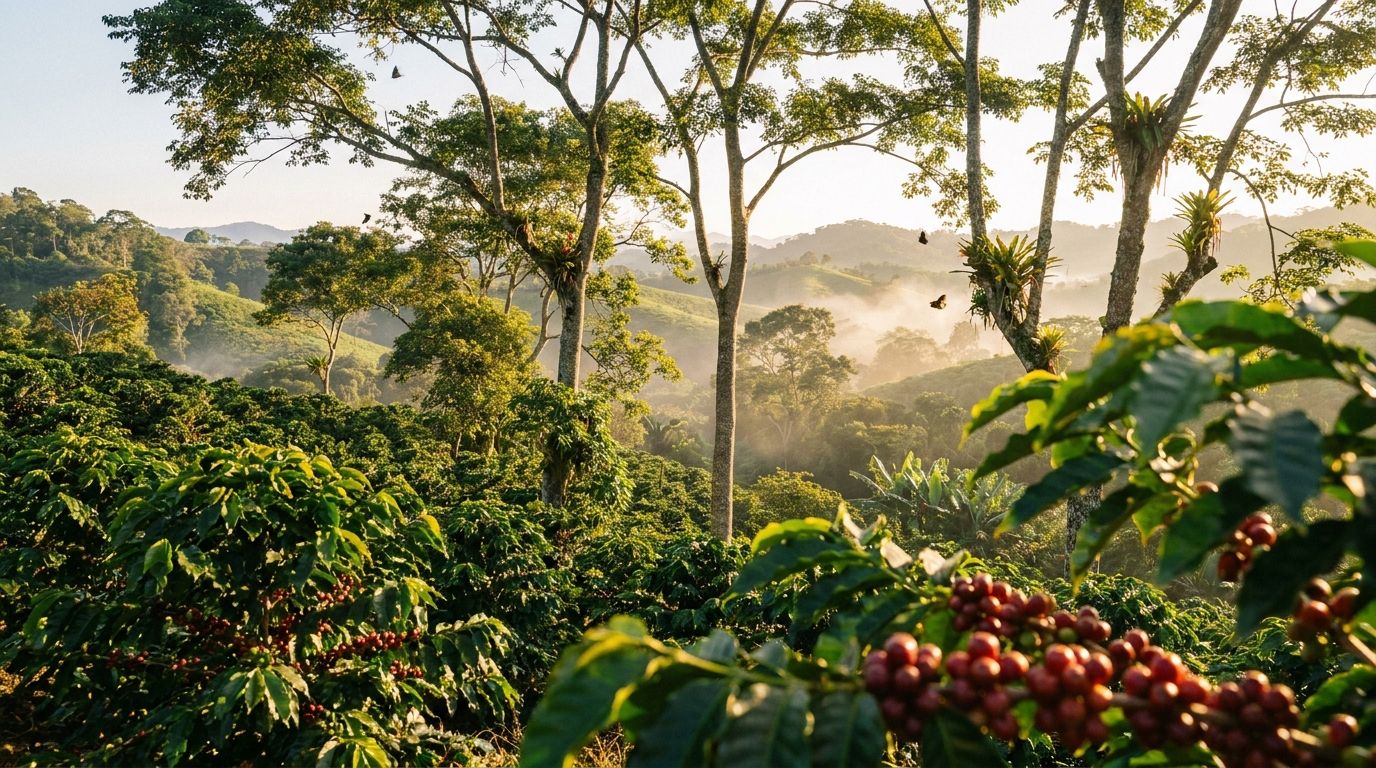 Eine weitläufige Kaffeeplantage mit Schattenbäumen, die das Prinzip der ökologischen Nachhaltigkeit im Kaffeeanbau verdeutlicht.