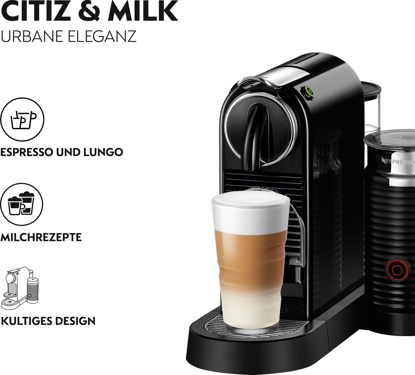 NESPRESSO Kapselmaschine CITIZ EN 267.BAE von DeLonghi, Schwarz, inkl. Aeroccino Milchaufschäumer, Willkommenspaket mit 7 Kapseln