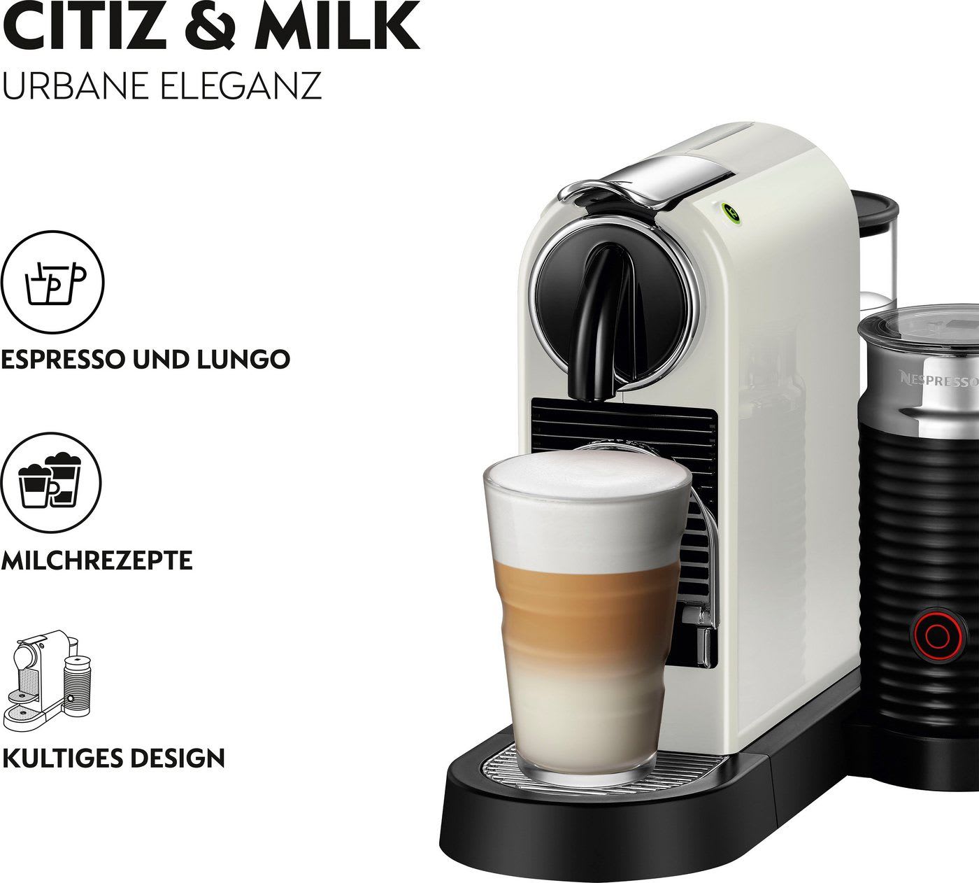 NESPRESSO Kapselmaschine CITIZ EN 267.WAE von DeLonghi, White, inkl. Aeroccino Milchaufschäumer, Willkommenspaket mit 7 Kapseln weiß