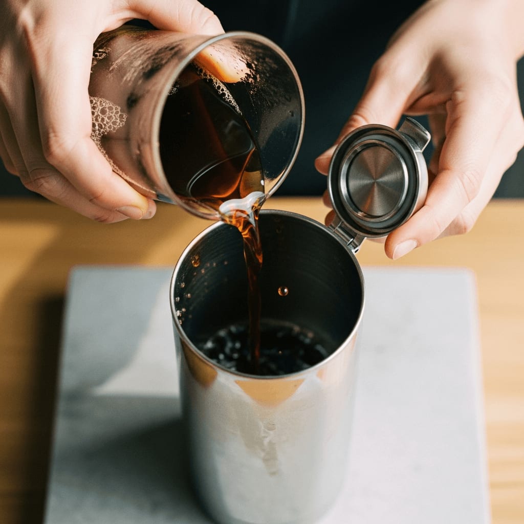 Gefilterter Cold Brew Kaffee wird für den Nitro Cold Brew in einen Edelstahl-Dispenser gegossen