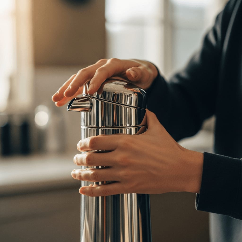 Der Edelstahl-Dispenser wird kräftig geschüttelt, um den Stickstoff mit dem Cold Brew Kaffee zu verbinden