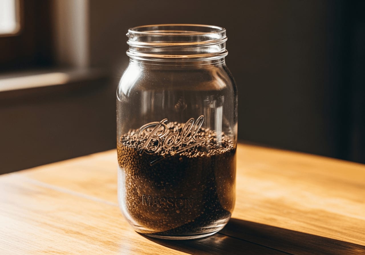 Grob gemahlene Kaffeebohnen im Wassergefäß für das Rezept des perfekten Nitro Cold Brew Konzentrats
