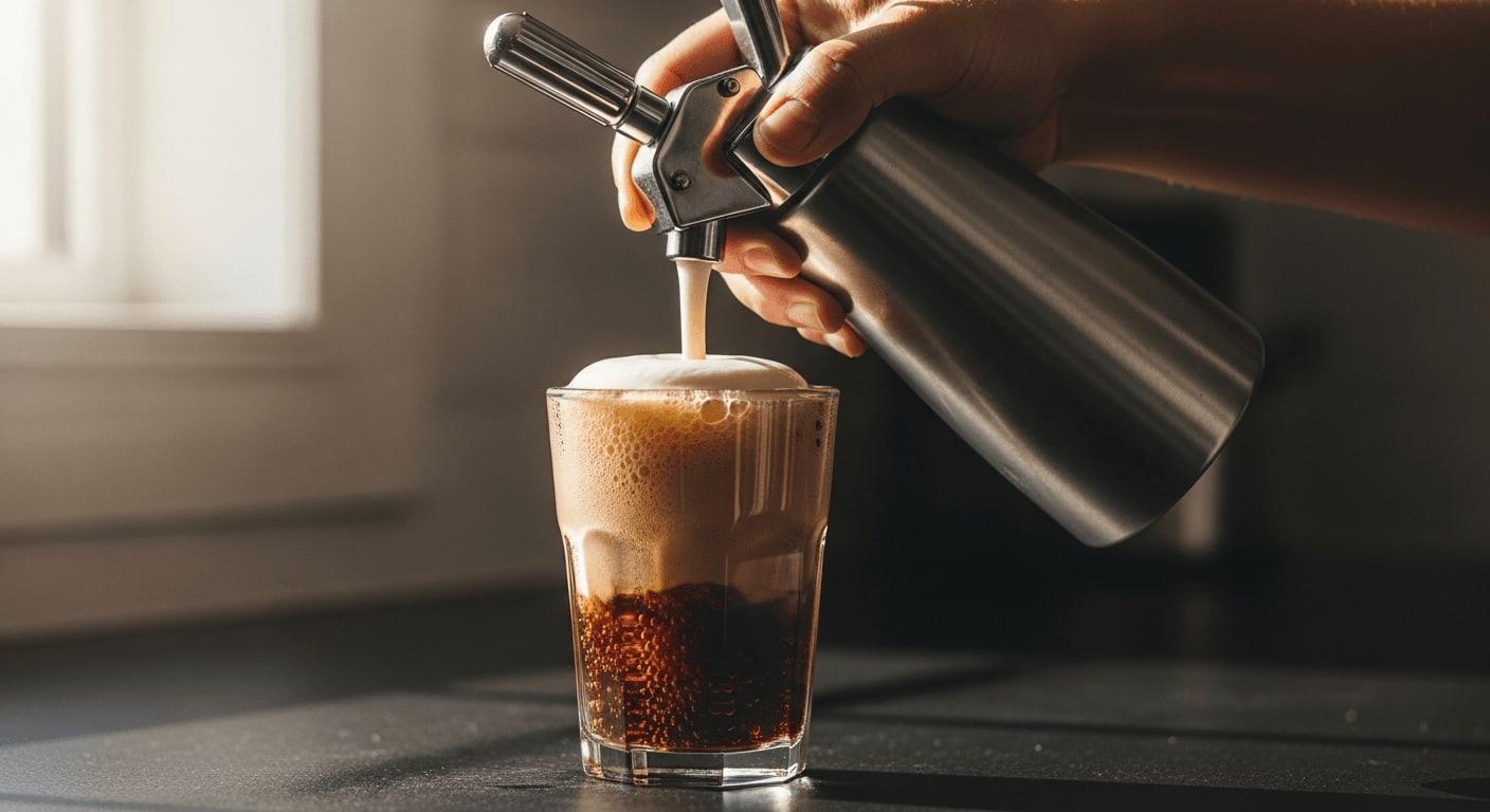 Zubereitung von Nitro Cold Brew zuhause: Kaffee wird aus einem Edelstahl-Dispenser in ein Glas gezapft