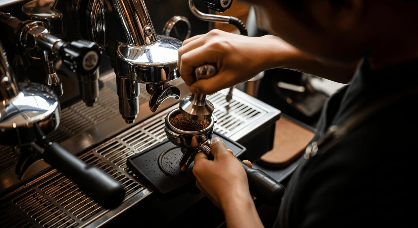 Draufsicht auf einen Barista, der sorgfältig eine Espressomaschine vorbereitet und Kaffeepulver präzise tampert, sanftes Fensterlicht, kinoreife Aufnahme.