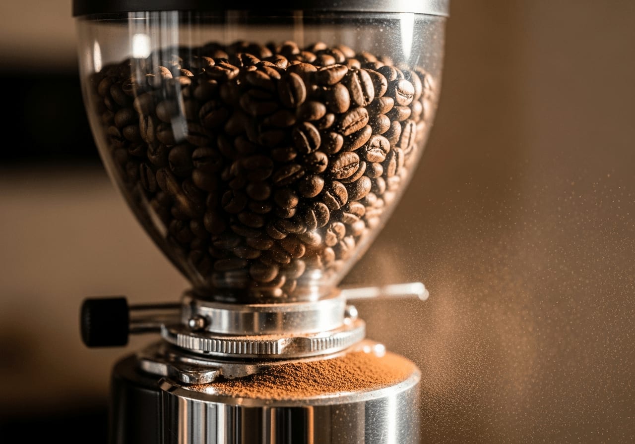 Nahaufnahme von dunkel gerösteten Espressobohnen, die in einer professionellen Mühle gemahlen werden, der Kaffeestaub wirbelt in der Luft, geringe Schärfentiefe, warme Farben.