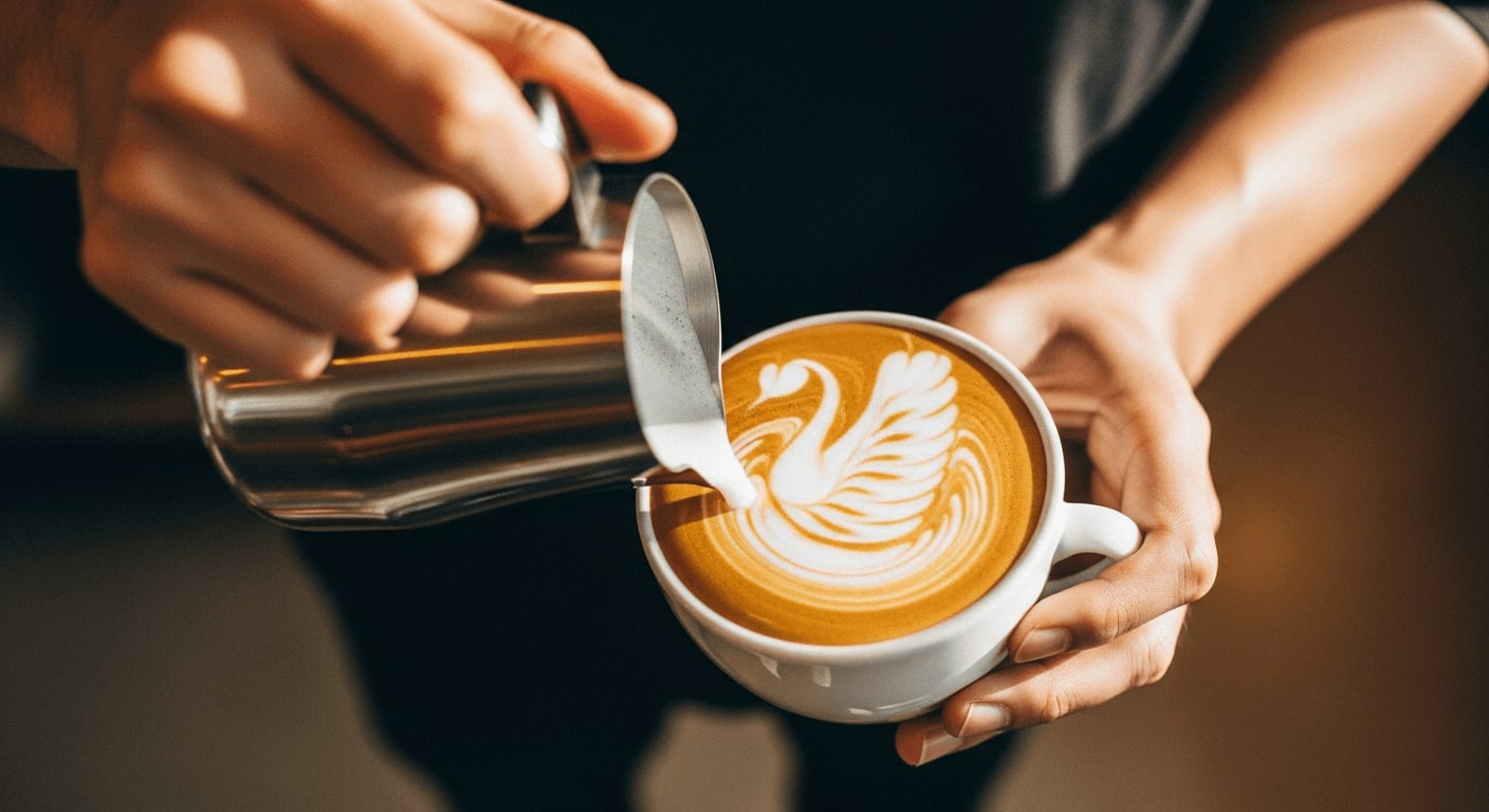 Draufsicht eines Barista, der Latte Art mit einem Schwanenmotiv kreiert, Fokus auf Hände und Kaffee, natürliches Licht