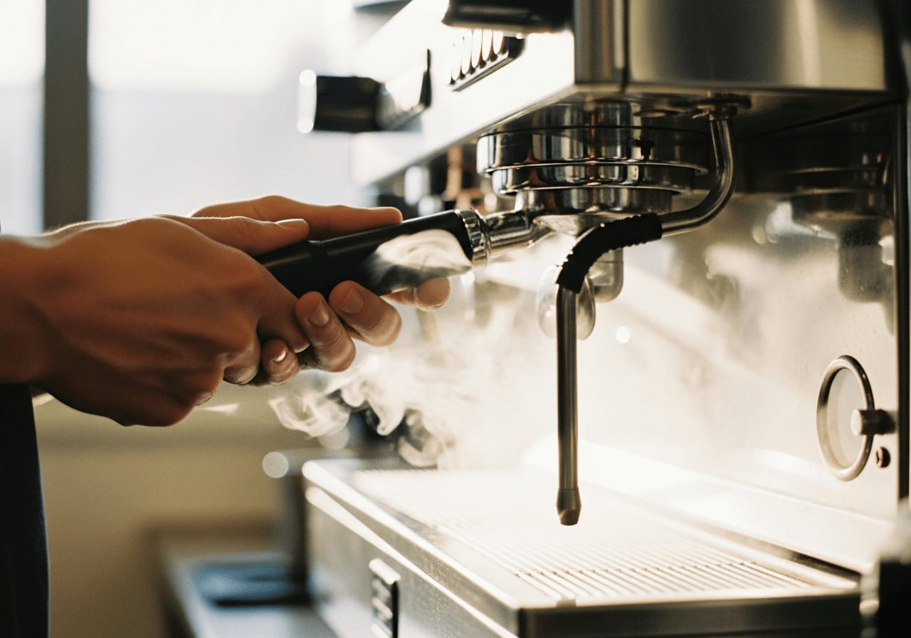 Nahaufnahme eines Barista, der die Dampfdüse einer Espressomaschine reinigt, Dampf sichtbar, Edelstahl