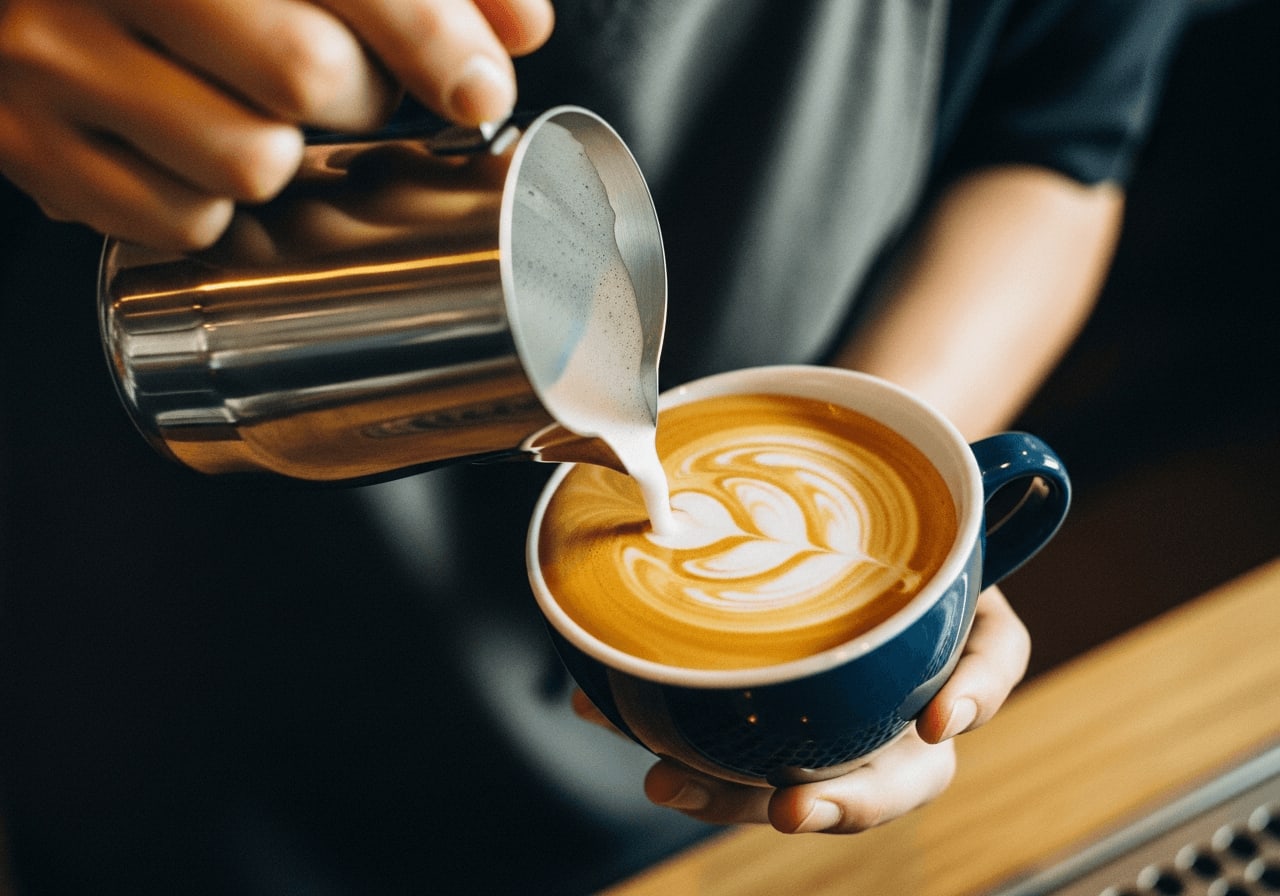 Barista schwenkt ein Milchkännchen mit Latte Art, Nahaufnahme, weiche Beleuchtung